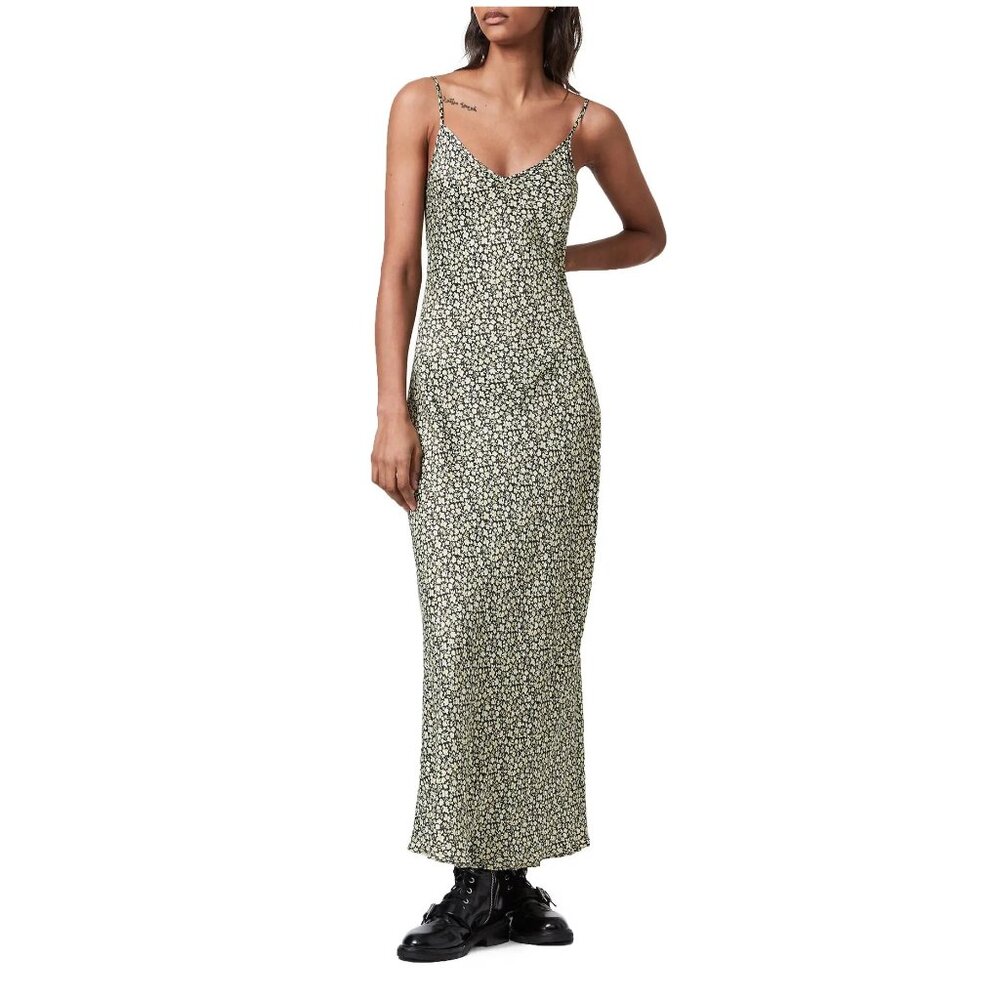 AllSaints Bryony V-Neck Midi Slip Dress, Size 6, Black Ditsy Floral